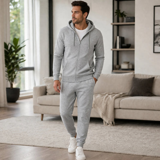 Men's French Terry Solid V-neck Hoodie Jogger Set 65% Polyester 35% Cotton Drawstring Windproof Casual Modern Fit Two Spring