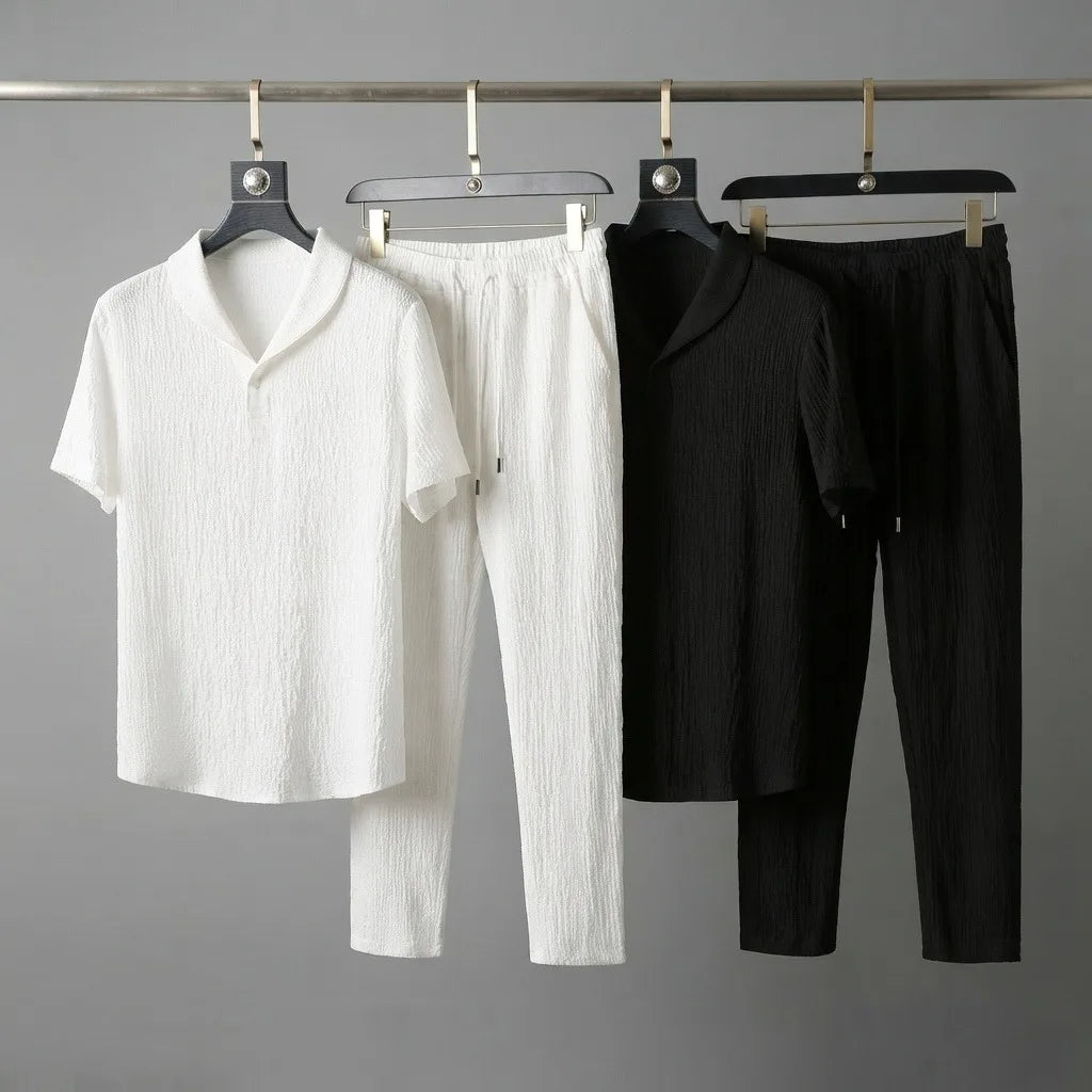 Wholesale Summer Thin Breathable Short Sleeve Long Pants Set Fashion Casual Light Luxury Versatile Sports Suit Men's Shirt Set
