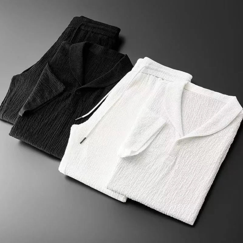 Wholesale Summer Thin Breathable Short Sleeve Long Pants Set Fashion Casual Light Luxury Versatile Sports Suit Men's Shirt Set