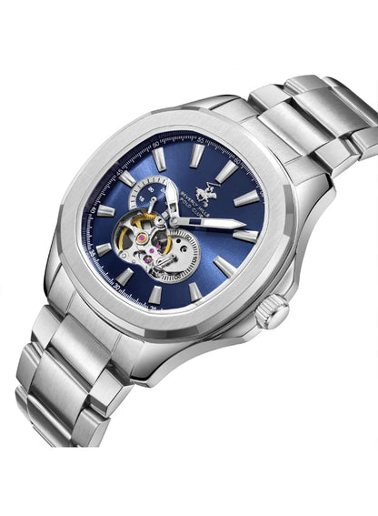 Men's Automatic Watch with Dark Blue Dial and Silver Stainless Steel Band