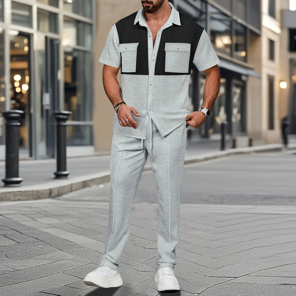 Wholesale Summer Fashion Casual Color Blocked Short Sleeved Two-piece Set Men's Business Short Sleeved Shirt And Pants Set - Buy  Product on Alibaba.com