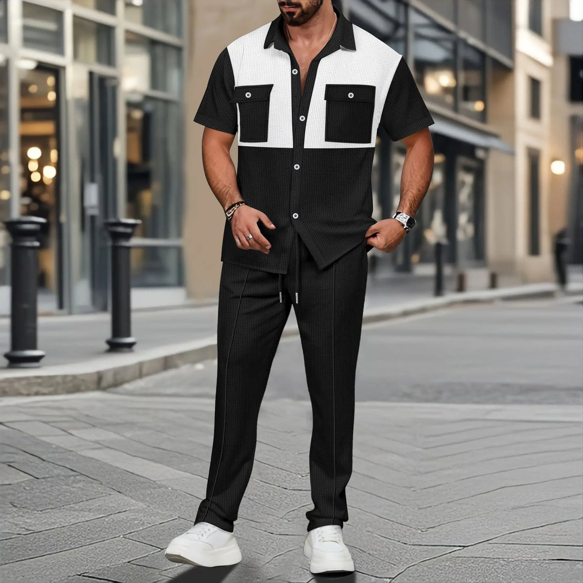 Wholesale Summer Fashion Casual Color Blocked Short Sleeved Two-piece Set Men's Business Short Sleeved Shirt And Pants Set - Buy  Product on Alibaba.com