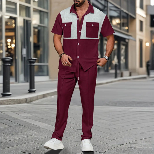 Wholesale Summer Fashion Casual Color Blocked Short Sleeved Two-piece Set Men's Business Short Sleeved Shirt And Pants Set - Buy  Product on Alibaba.com