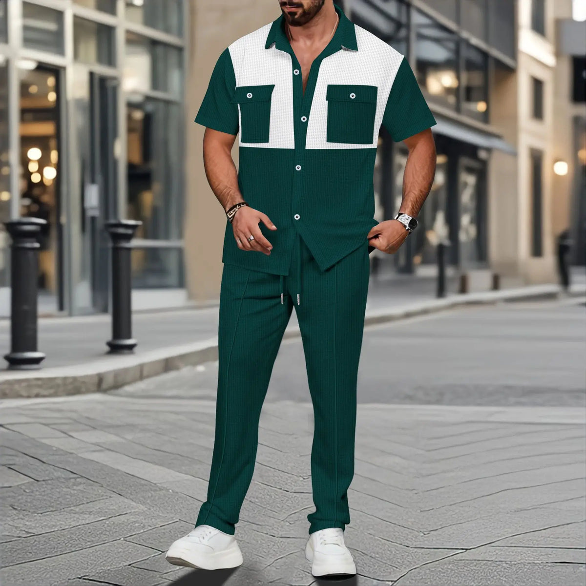 Wholesale Summer Fashion Casual Color Blocked Short Sleeved Two-piece Set Men's Business Short Sleeved Shirt And Pants Set - Buy  Product on Alibaba.com