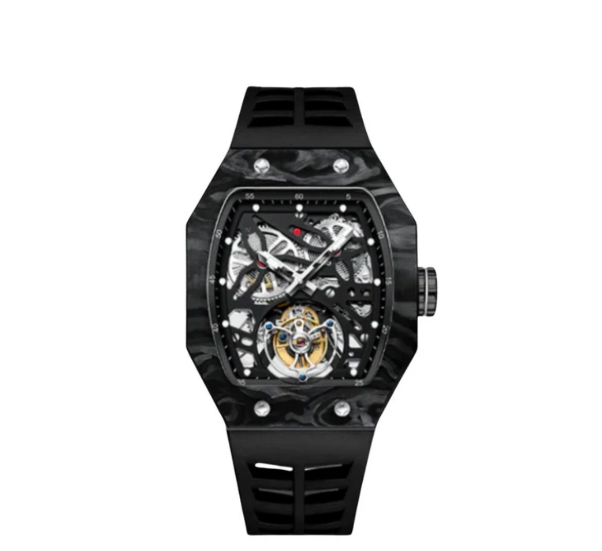 AESOP Carbon Fiber Bezel Tonneau Case Skeleton Tourbillon Watch 7036