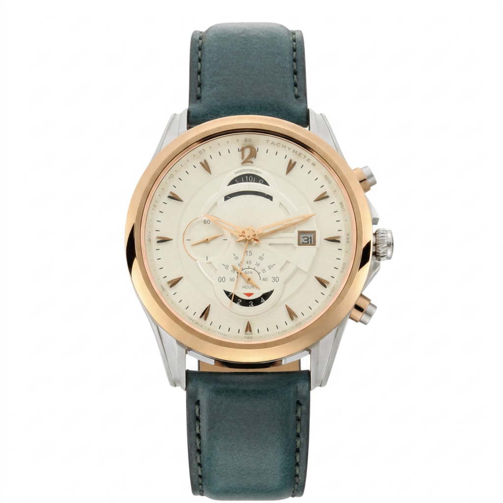 Maritime White Dial Green Leather Strap Chronograph Watch for Men