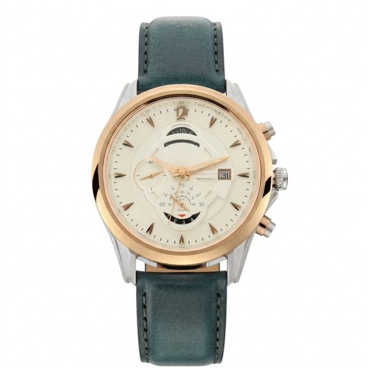 Maritime White Dial Green Leather Strap Chronograph Watch for Men